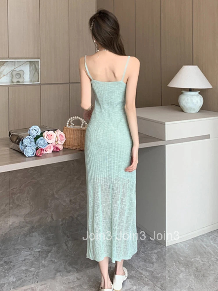 Women Clothes Solid Knitted Sheer Sexy Strap Slim Midi A-Line Dress Elegant Fashion Party Prom Vestidos Robe Beach Casual Summer
