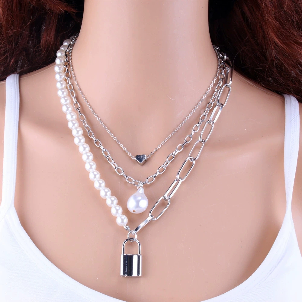 Chic Womens Vintage Style Heart Pendant Necklace Trio Featuring Layered Baroque Pearls