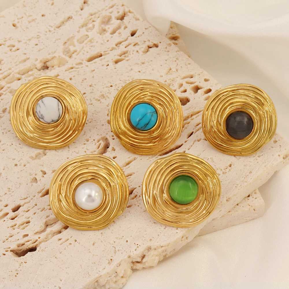 316L Stainless Steel Texture Cutout Inlaid Turquoise Stud Earring for Women Summer Beach Imitation Pearl Earrings Girl JewelryXJ250623