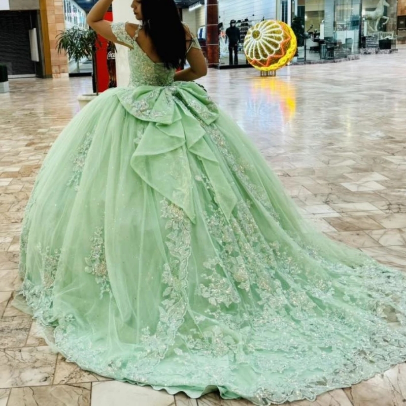 Mint Green Glitter Ball Gown Quinceanera Dresses Lace Applique Beading Bow Tull Corset Sweet 16 Dress Vestidos De 15 Anos