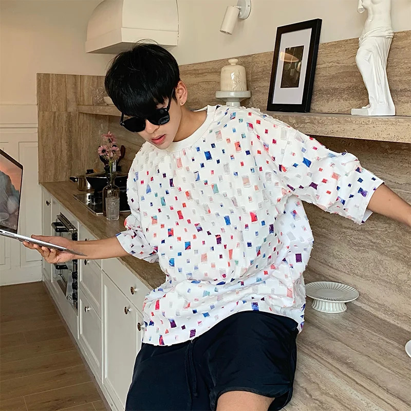 Summer Cotton Short Sleeved T-shirt Men Fashion Colorful Plaid T-shirt Men Streetwear Hip-hop Loose Hollow Out T Shirt Mens Tops 250616