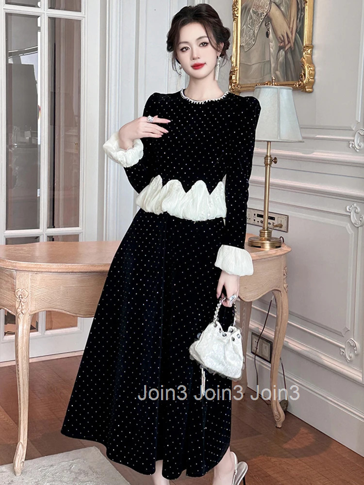 Women Clothes Fake 2-Piece Elegant Luxury Diamonds Black Velvet O-Neck Slim Midi A-Line Dress Fashion Party Prom Vestidos Robe