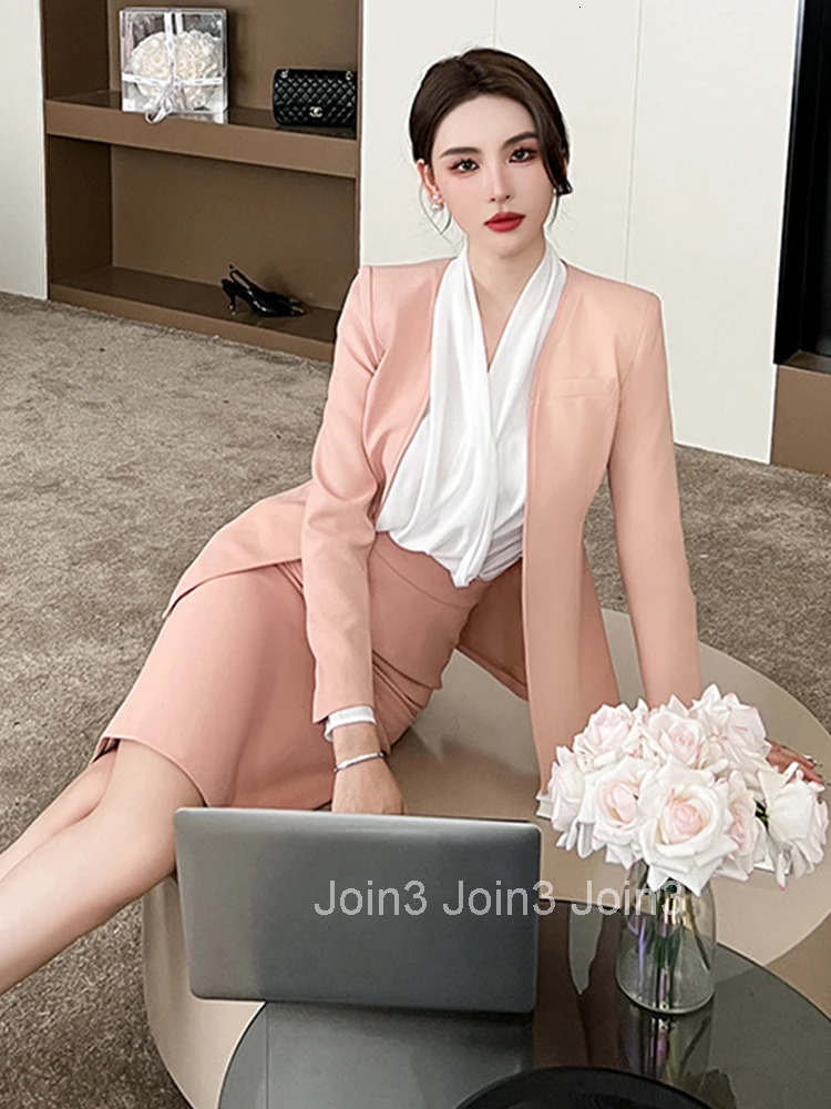 New Spring Autumn 2 Pieces Outfits Suits Women Temperament Formal Simple Tops Coat Blazer Suit High Waist Midi Skirt Pencil Set