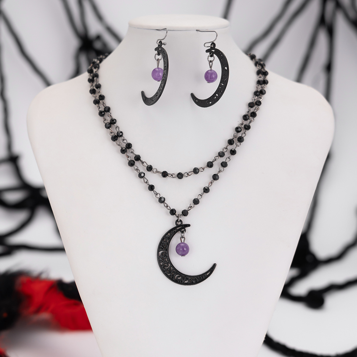 Crystal Bead Chain Sweet Cool Gothic Style Hollow Moon Pendant Necklace