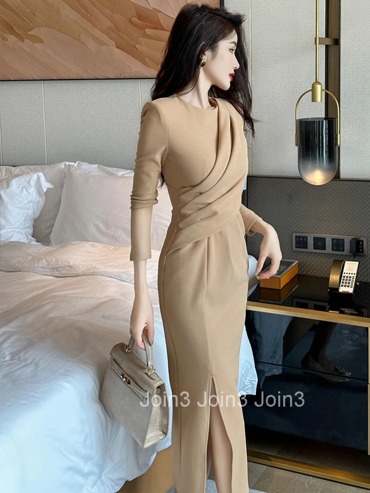 New Chic Elegant Business Ladies Formal Occasion Pencil Dresses Mujer Women Clothing Solid V-Neck Asymmetrical Vestidos Fashion