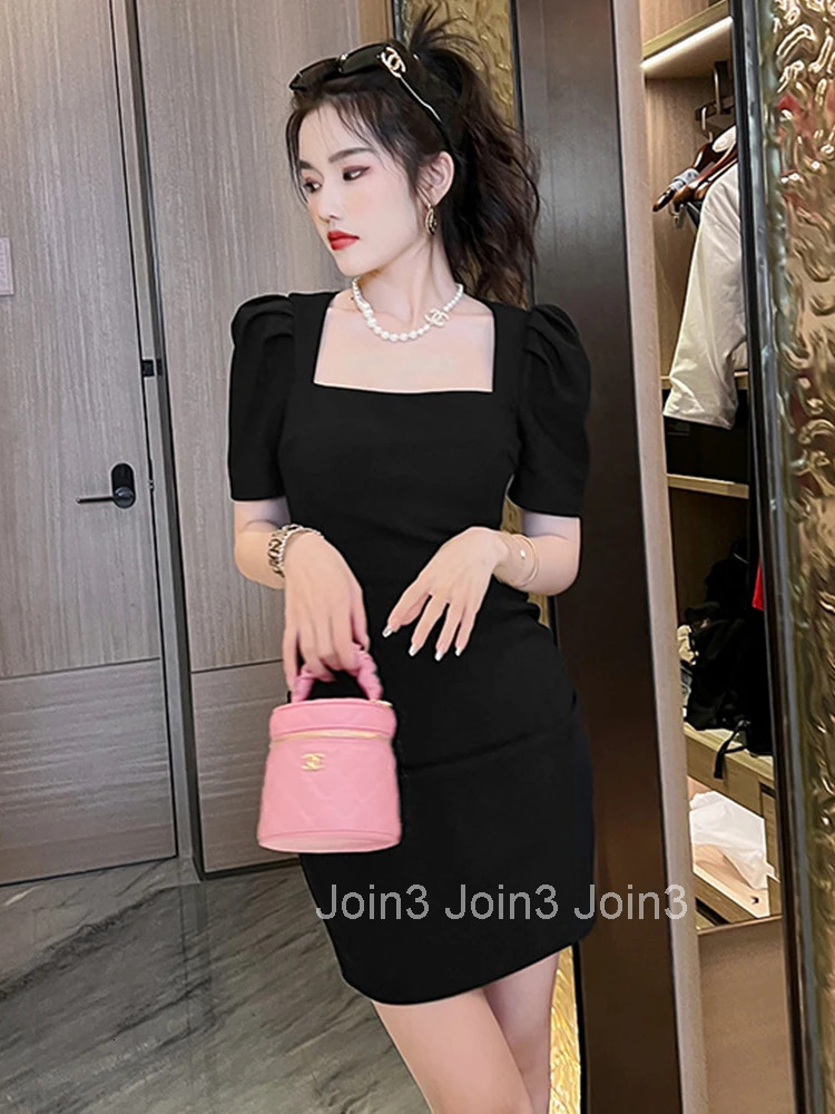 New Korean Elegant Office Women Evening Dress Temperament Formal Simple Square Collar Slim Mini Party Street Lady Mujer Vestidos
