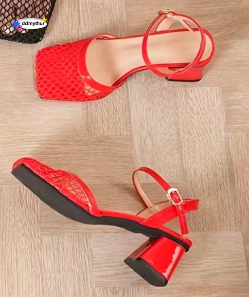 Trendy New Spring/Summer Square Toe Fishnet Hollow Buckle Chunky High Heel Plus Size Women's Sandals ddmythur
