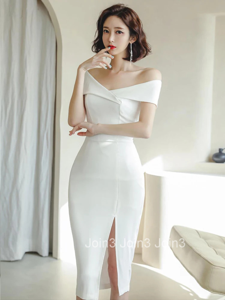 Fashion Summer Evening Dress For Women Elegant White Chic Sexy Off-Shoulder Slim Midi Party Prom Birthday Mujer Vestidos Street