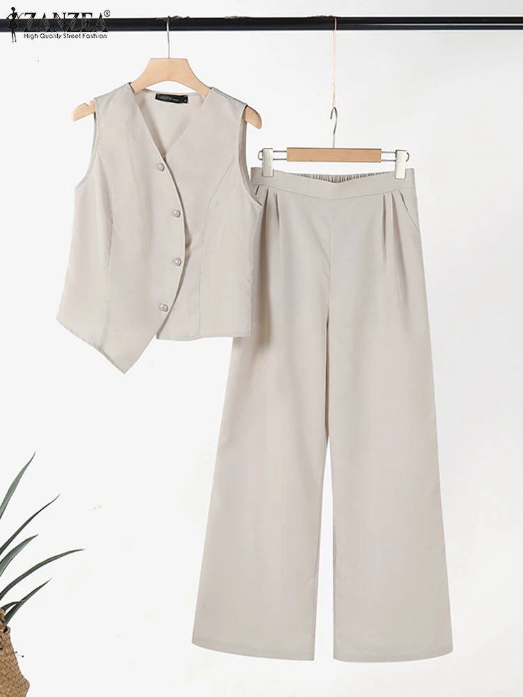 ZANZEA Elegant Summer Sleeveless Tops Wide Leg Trousers 2 Piece Sets Solid Office Lady Outfit OL Work Pants 2PCS 250616