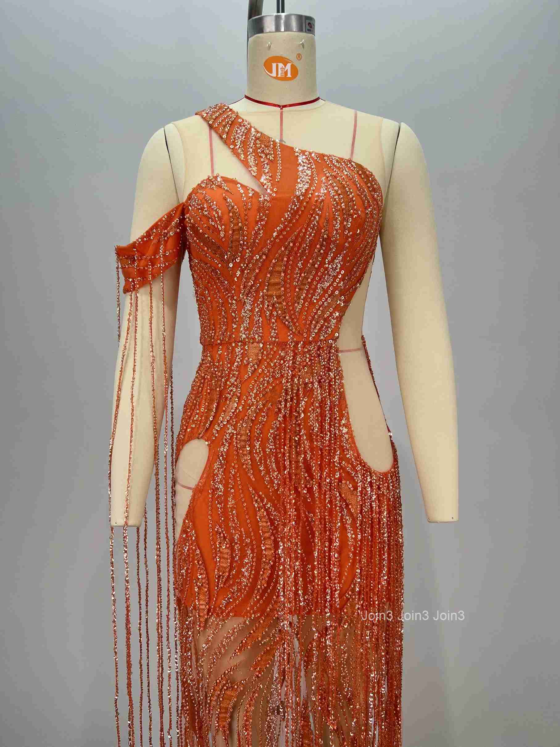 Womens Red Orange Bandage Dress One Shoulder Sequin Fringe Cut-Out High Slit Evening Gown Formal Party Wear