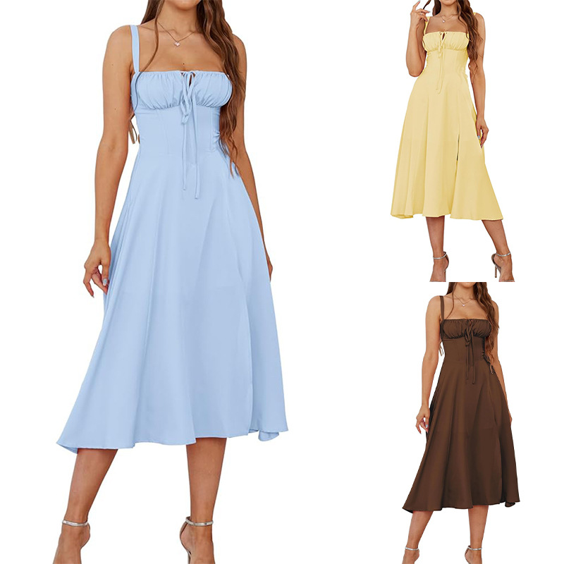 W623New hot sale slim waist fishbone shaped slit drawstring chest wrap suspender dress