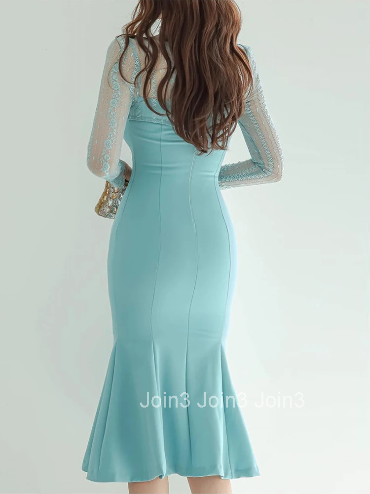 Women Clothes Lace Evening Sheer Hollow Sexy Long Sleeve Slim Midi Mermaid Dress Elegant Ladies Fashion Party Prom Vestidos Robe