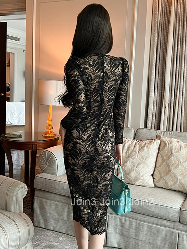 Spring Autumn Women Evening Dress Chic Lace Sheer Sexy V-Neck Folds Slit Slim Midi Party Club Prom Street Clothes Mujer Vestidos