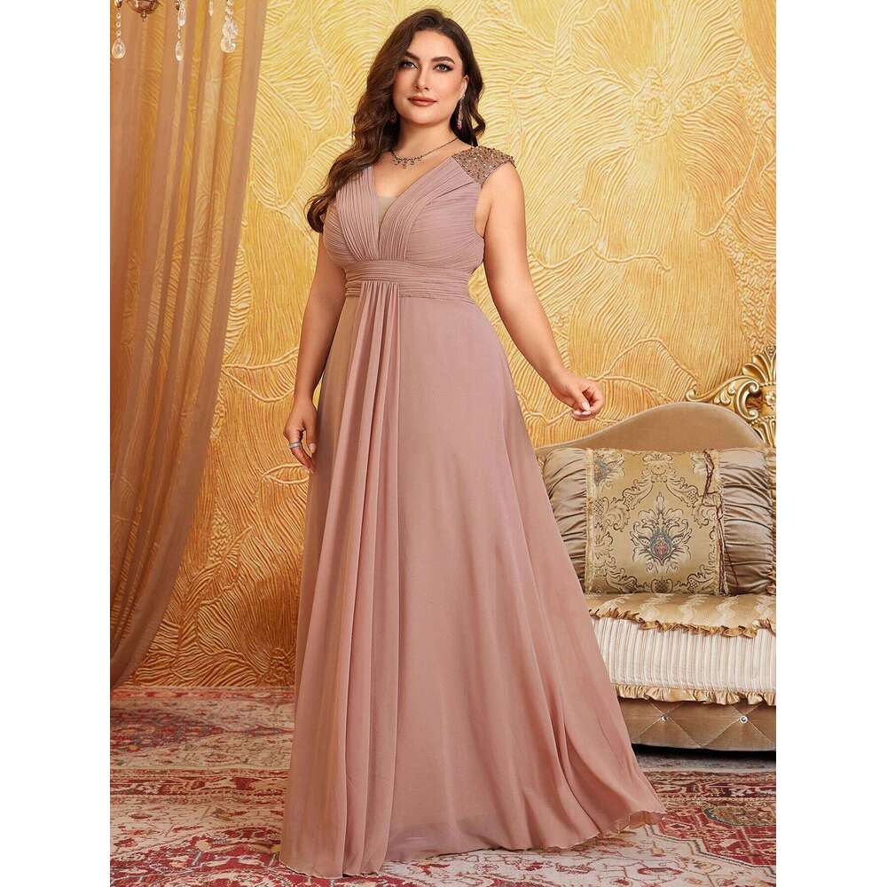 Unithorse Plus Size V-Neck Sleeveless Bust Ruched Sequin Patchwork Chiffon Dress