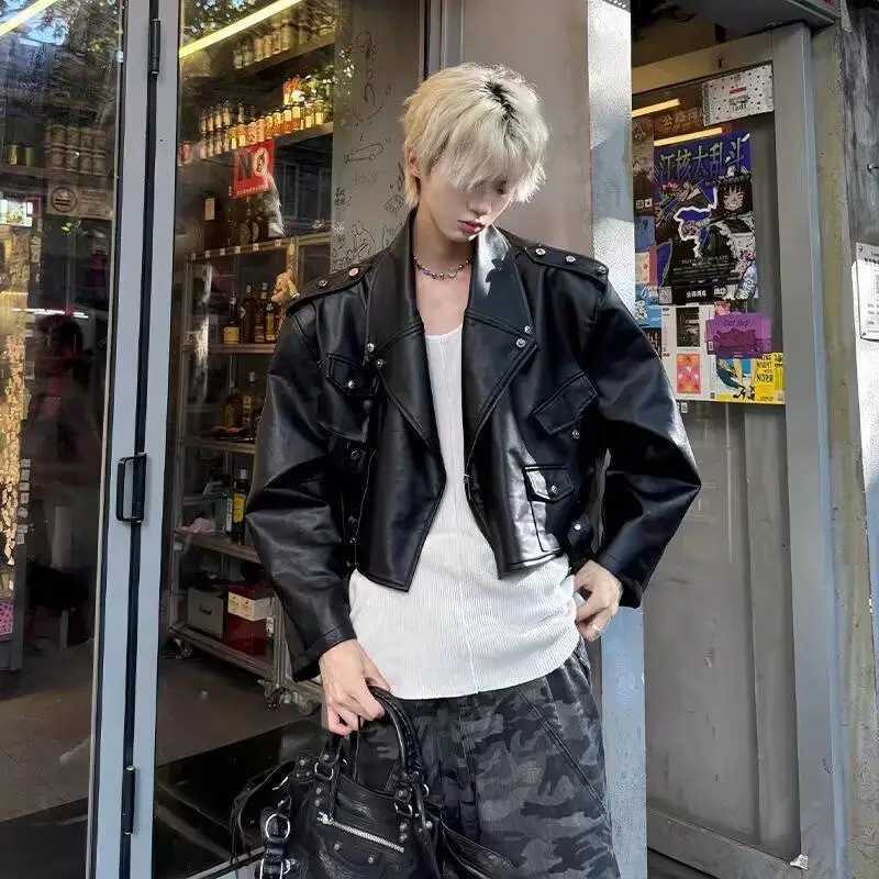 Harajuku High-end Short Pilot Stand Collar Straight Shoulder PU Leather Zipper Jacket Men Trendy Autumn Versatile Mens Clothing W250623