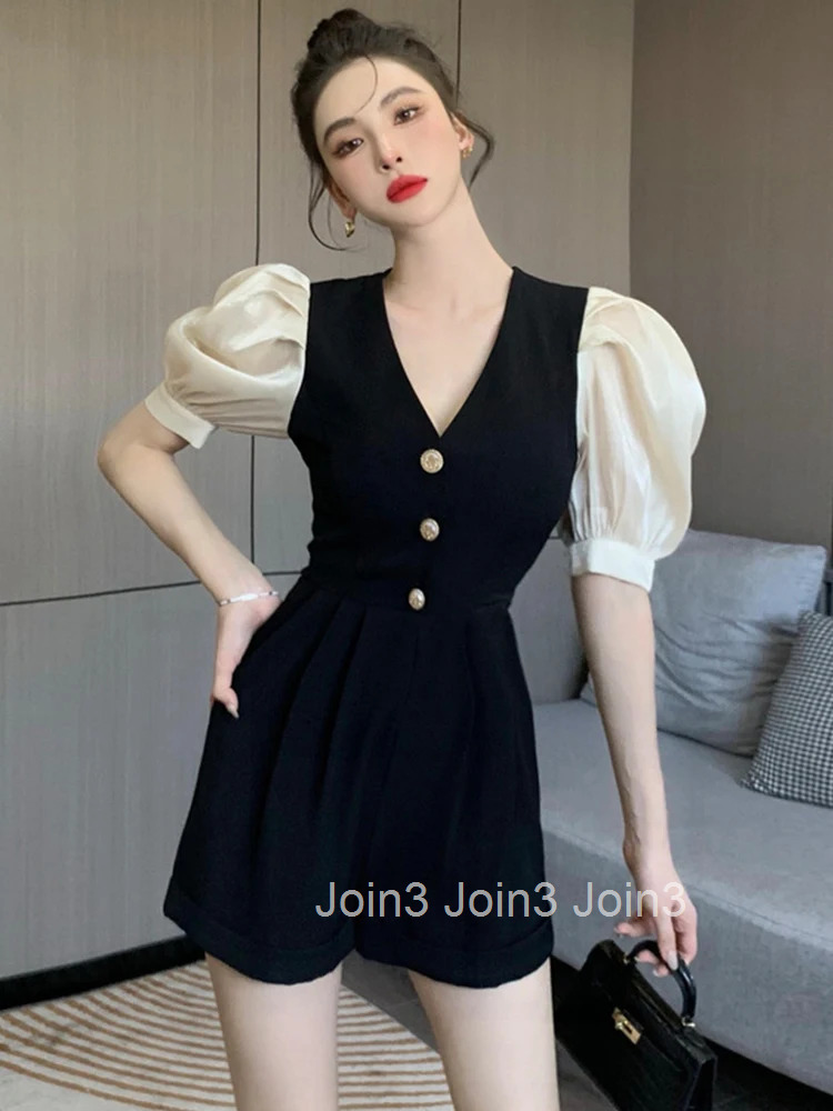 Korean Women One Piece Jumpsuit Casual Vintage V-Neck Puff Sleeve Lady Mujer High Waist Folds Slim Shorts Romper Playsuit Summer