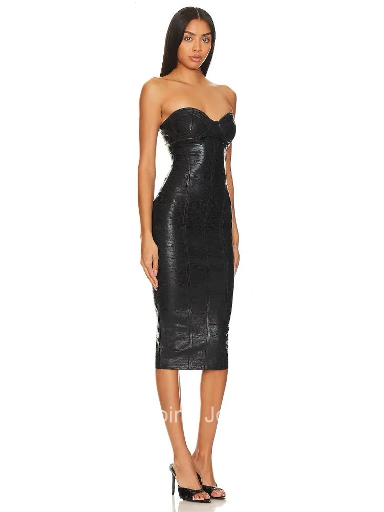2025 New Arrival Elegant Black Strapless Satin Bodycon Dress Sexy Evening Gown for Paty/Wedding/Prom Slim Fit with Slit