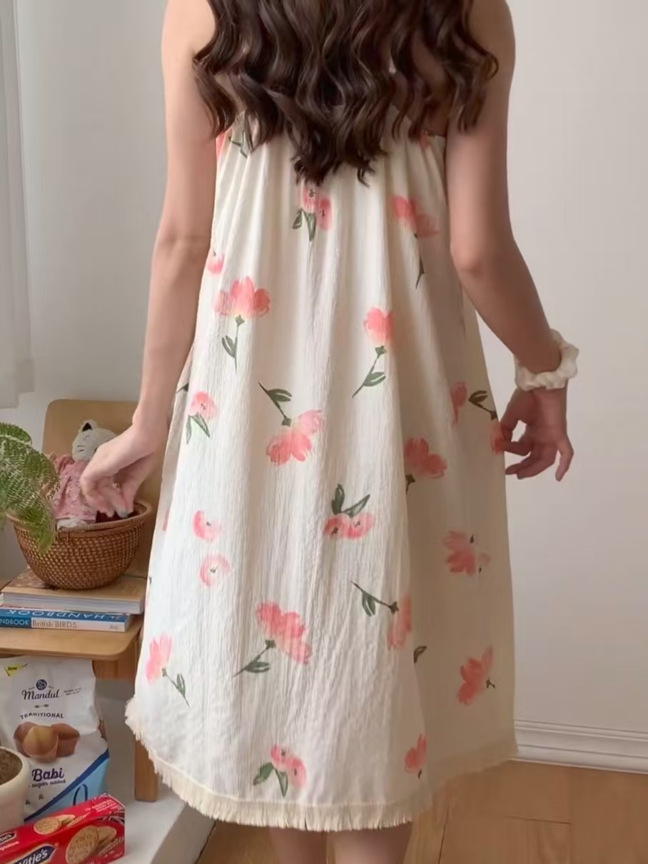 2025 women's models spring and summer sweet ins style halter mid-length loose nightgown female home dress tulips