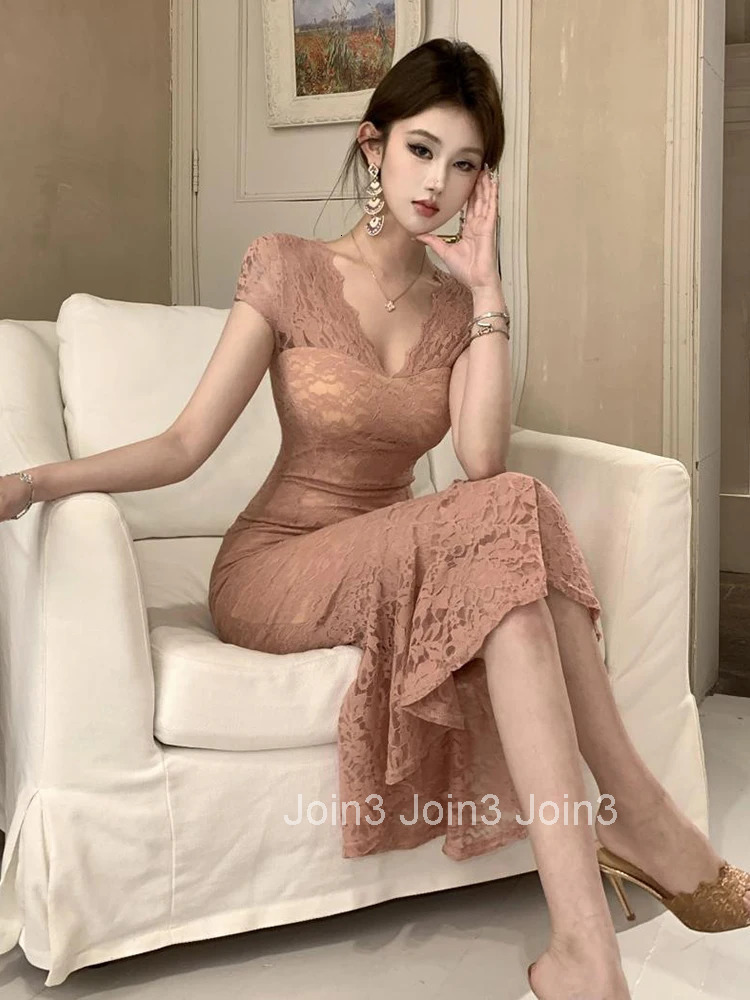 French Gentle Party Dress Women Sweet Elegant Pink Sheer See Through Lace Boydocn Fishtail Robe Female Prom Street Vestido Mujer