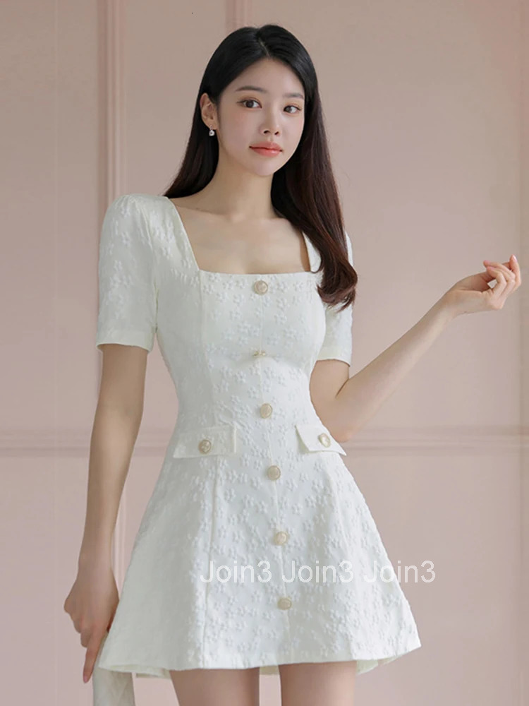 Women Clothes White Floral Sexy Square Neck Slim Mini Short A-Line Dress Elegant Ladies Fashion Party Prom Vestidos Sweet Summer