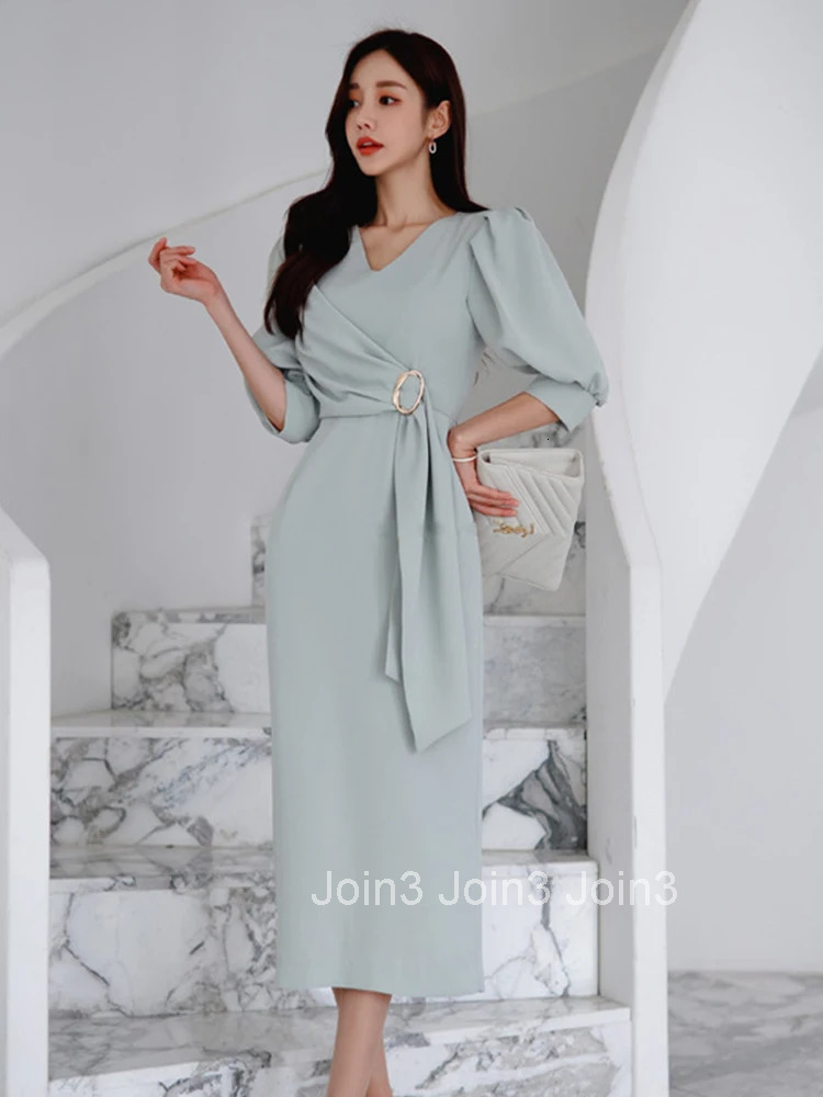 Elegant Office Lady Women Dress Temperament Chic Casual Ribbon V-Neck Slit Midi Party Work Style Street Robe Femme Mujer Vestido