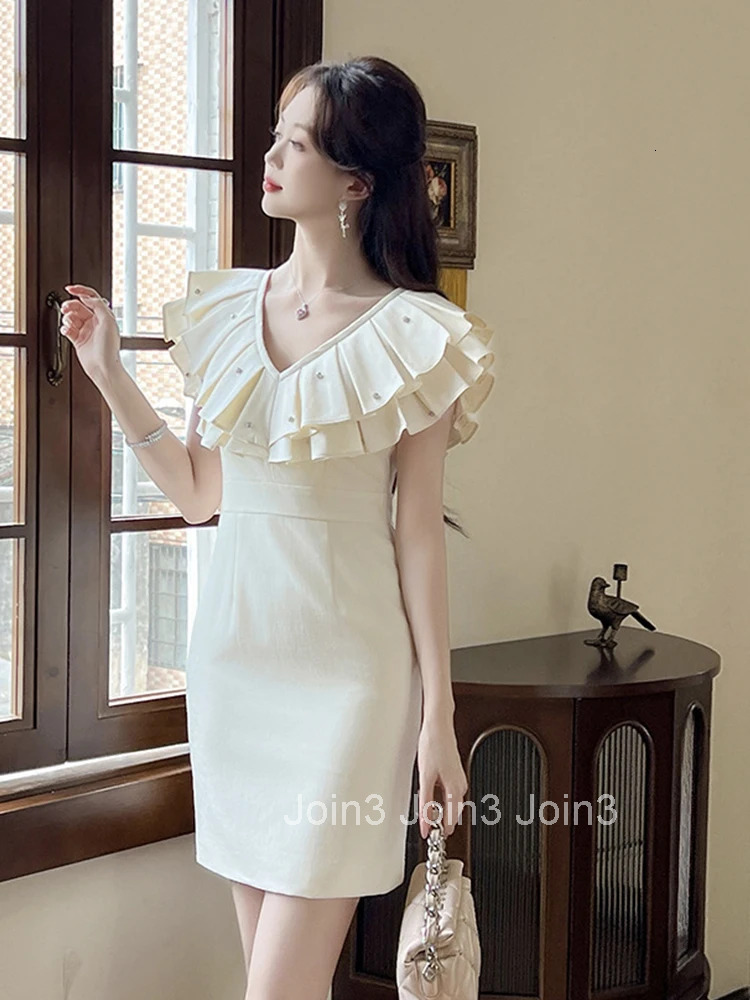 New Summer French Elegant Birthday Evening Dress Women Clothes Sweet Ruffle V-Neck Slim Pencil Short Party Prom Vestidos Commute