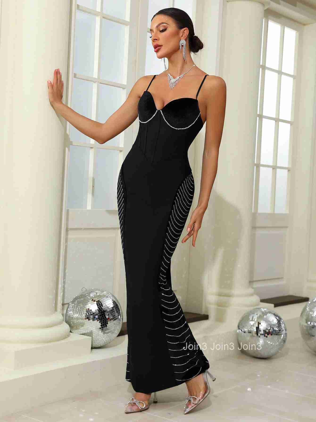 Hot Autumn Simple Fashion Black Bandage Dress Chic Womens Clothing Diamond Chain Tassel Design Long Vestidos Evening Party Wear