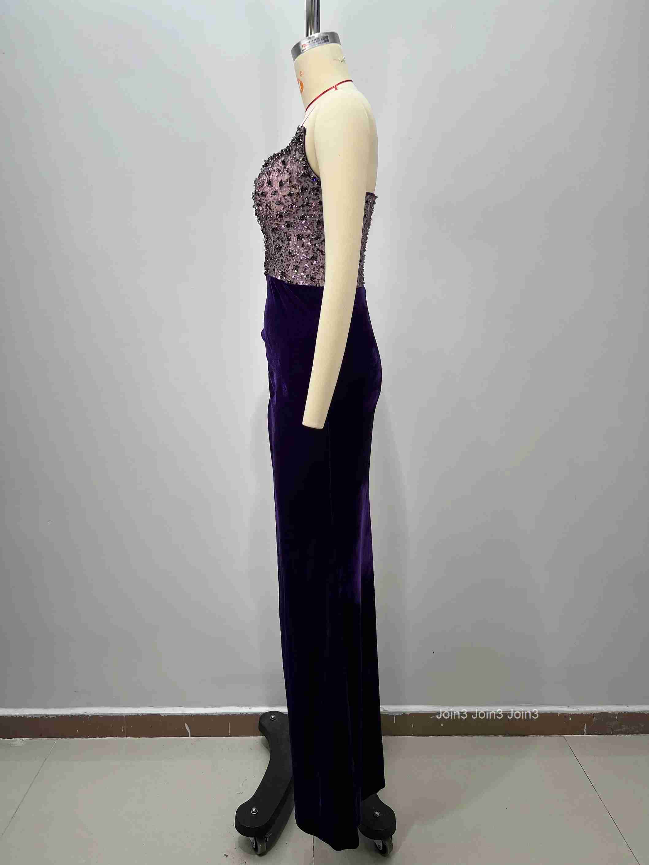 Womens Bandage Crystal Embellished Strapless Dress with High Slit Sexy Purple Evening Gown Prom Party Dress