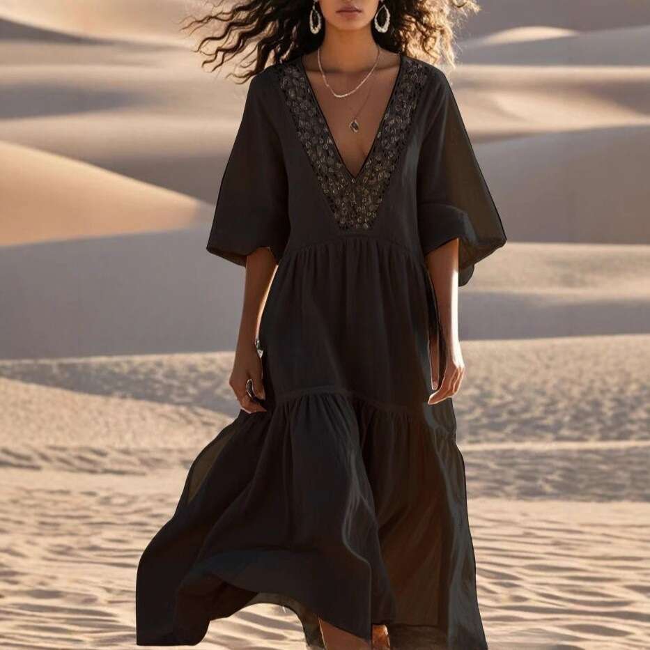 V-Neck Hollow Lace Beach Vacation Loose Swing Dress B5