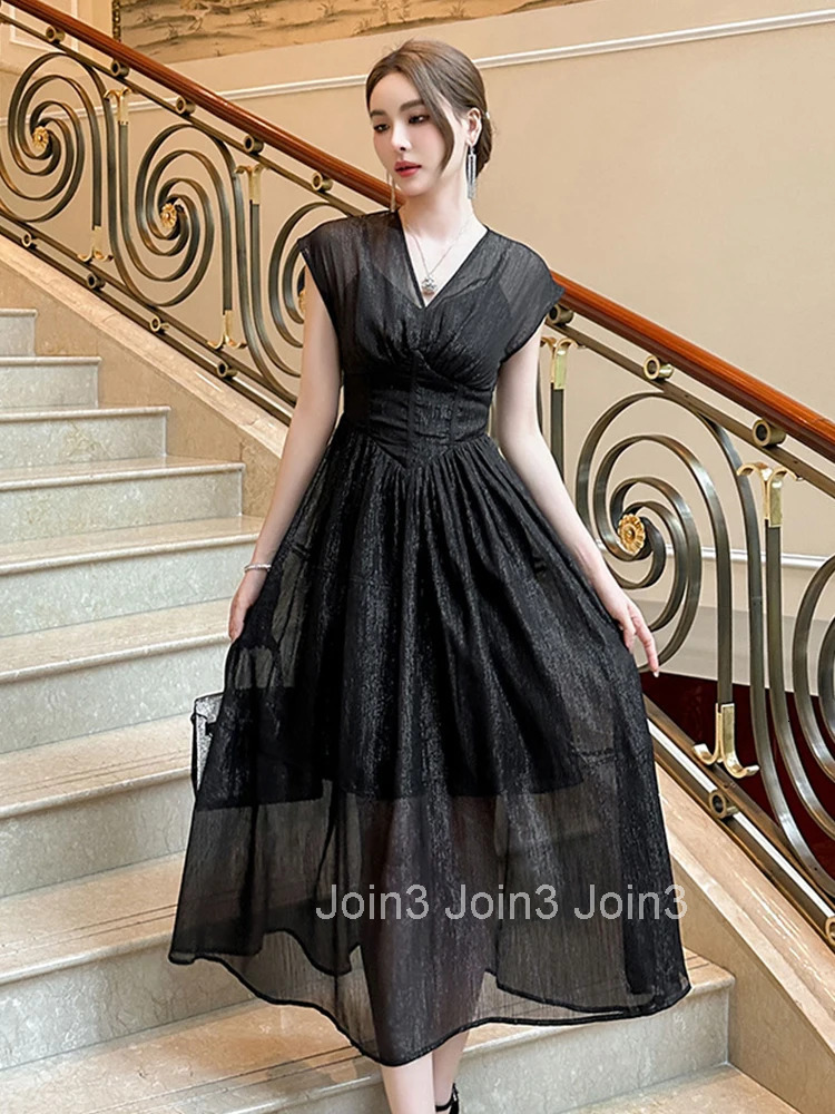 Summer Bright Silk Black Evening Dress Women Clothes Elegant Sheer Sexy Sleeveless Corset Slim Party Prom Vestidos Fiesta Robe