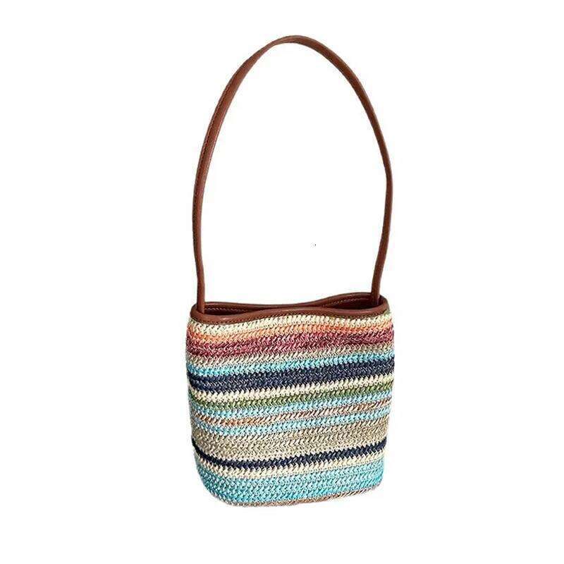 Rainbow colored crossbody for women, 2025 new vacation style grass woven bucket bag, versatile and niche shoulder bag
