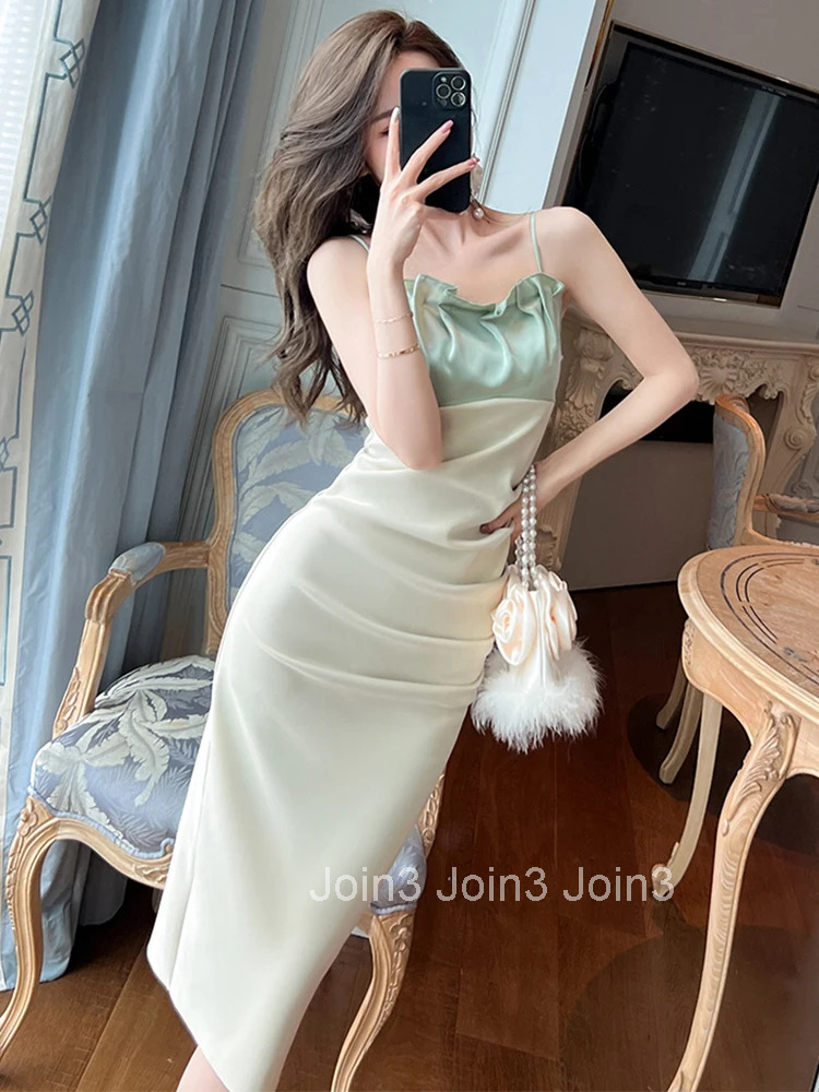 New Summer Elegant Women Evening Dress Sweet Sexy Strap Backless Folds Slim Midi Pencil Party Prom Beach Femme Mujer Vestidos