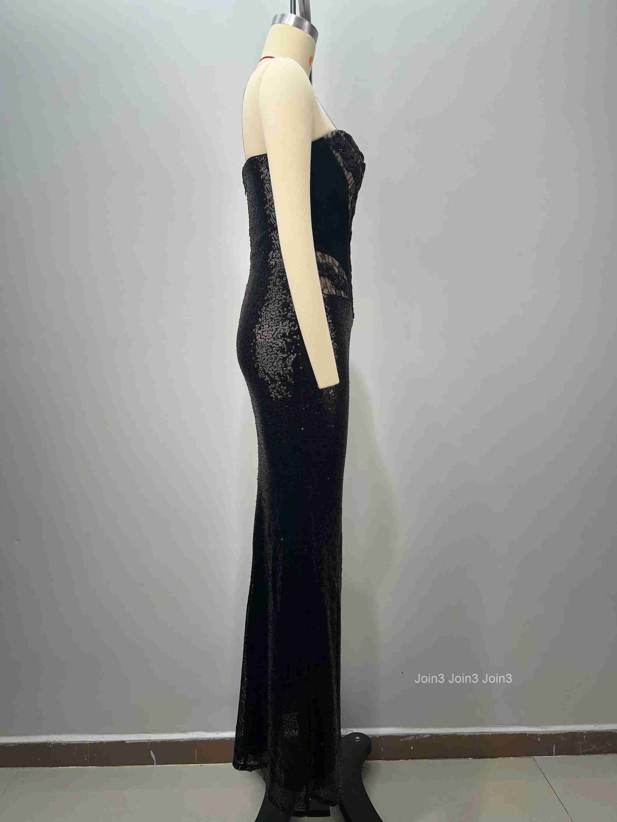 Womens Black Bandage Dress Strapless Lace Sequin Mermaid Evening Gown Beaded Waist Formal Party Wear