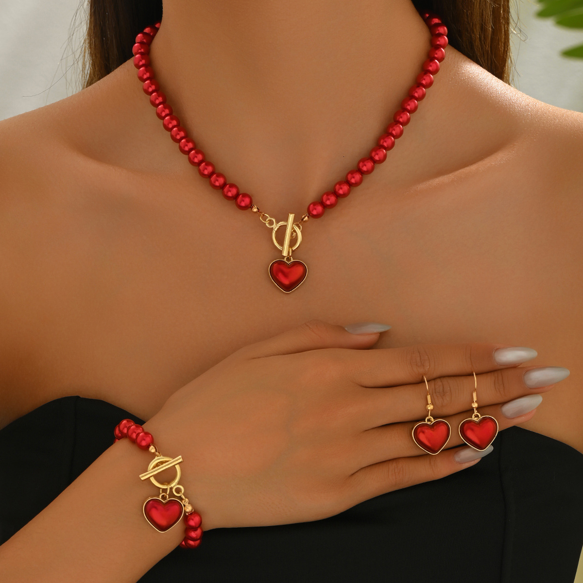 New Women's Jewelry Set Heart Woven Pearl Design Necklace Earrings Hand Accessories
