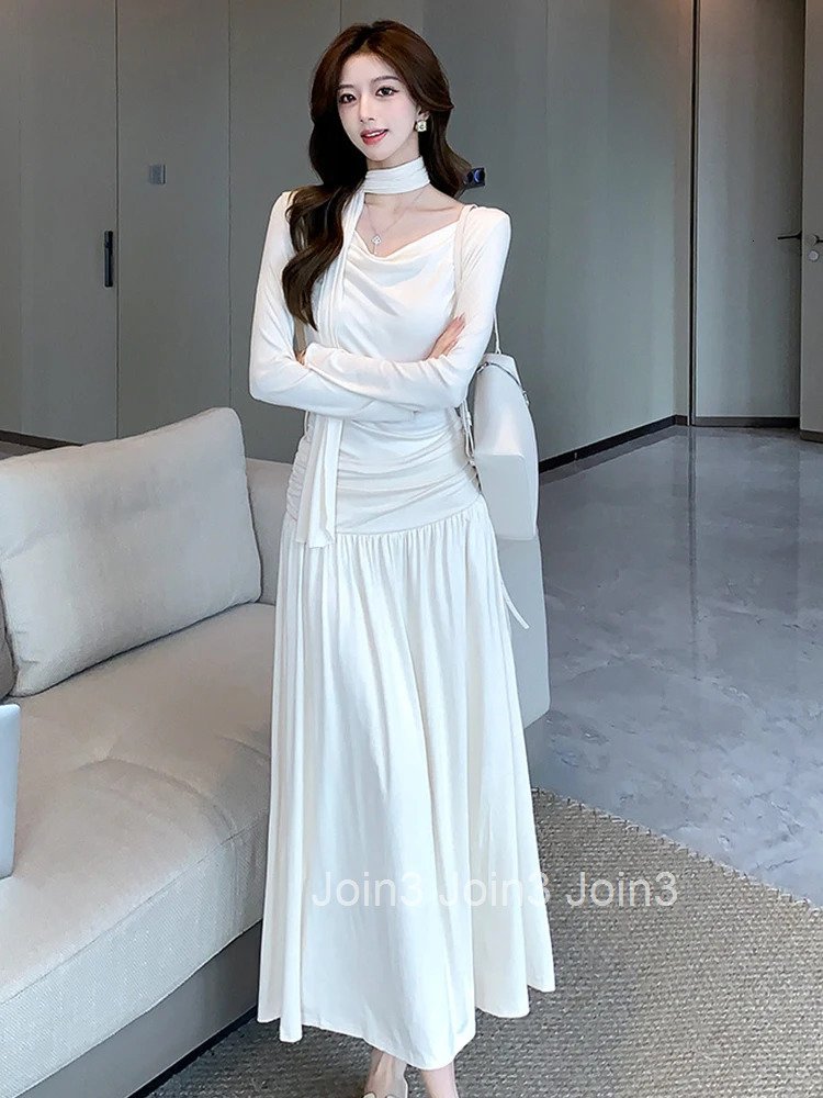 New Spring Autumn Fashion Casual Stretchy A-Line Long Dress Women Clothes Elegant Solid Long Sleeve Folds Slim Maxi Robe Vestido