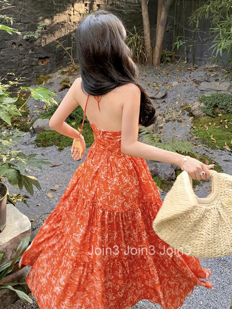 New Summer Fashion Boho Floral Print Vacation Beach Long Dress Women Clothes Elegant Sweet Sexy Backless Slim Maxi Vestidos Robe