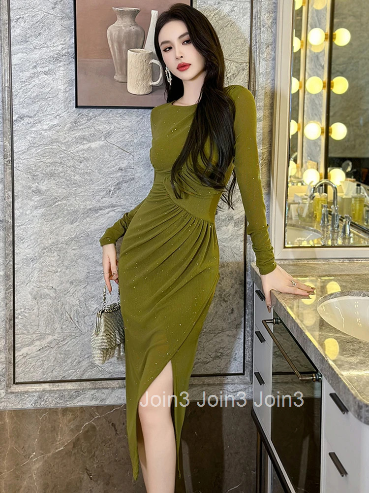 New Fashion Lady Mesh Elegant Sequin Long Asymmetrical Dress Women Stretchy Clothing Sexy O-Neck Folds Party Prom Robe Vestidos