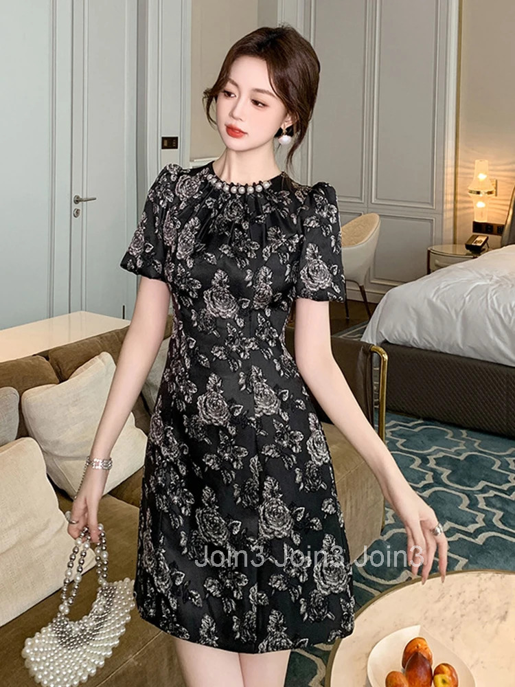 Summer Fashion Jacquard Elegant Luxury Retro O-Neck A-Line Dress Women Clothes Puff Sleeve Slim Short Party Prom Vestidos Fiesta