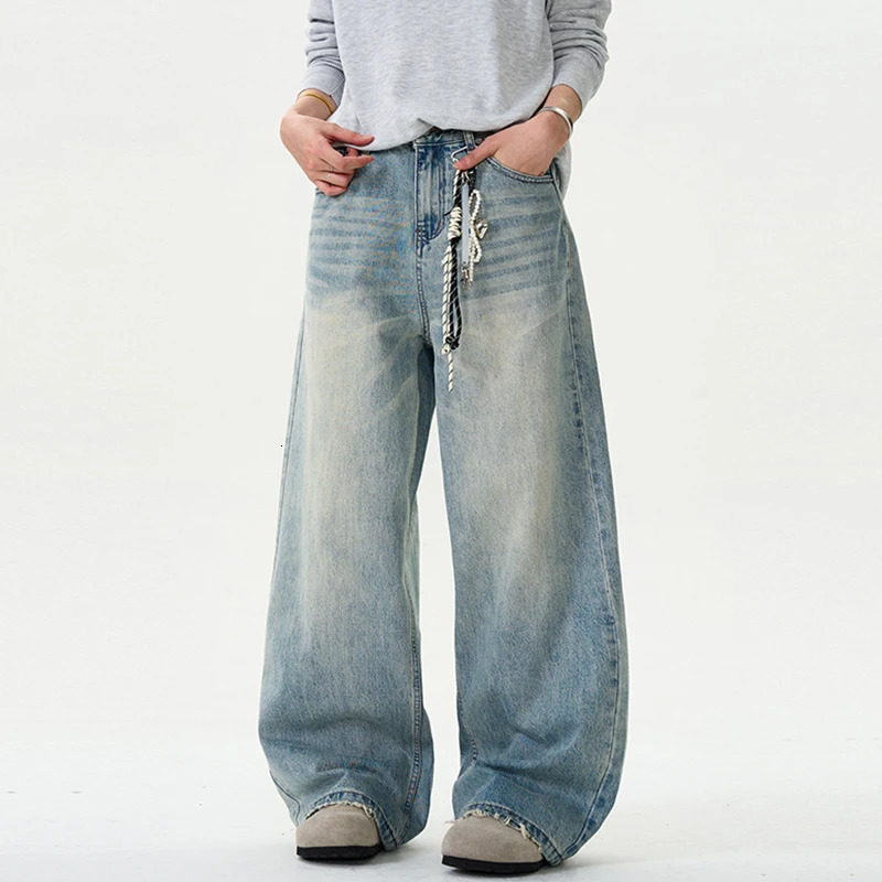 IEFB Distressed Jeans Solid Color Washing Summer Men Trousers Loose Wide Leg Casual Straight Mustache Effect Male Bottom 9W665 250616
