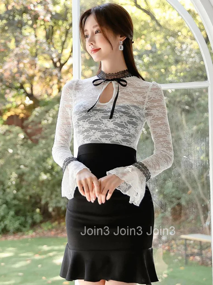 New Korean Fashion Spring Ladies Y2K Lace Splic Short Dresses Women Sweet Sheer Sexy Flare Sleeve Slim Mini Dress Mujer Vestidos