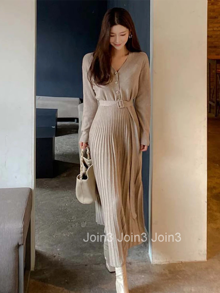 Fashion Autumn Winter Formal Knitted Long Dress Women Ladies Clothes Pretty Sweater Casual V-Neck Slim Midi Robe Mujer Vestidos