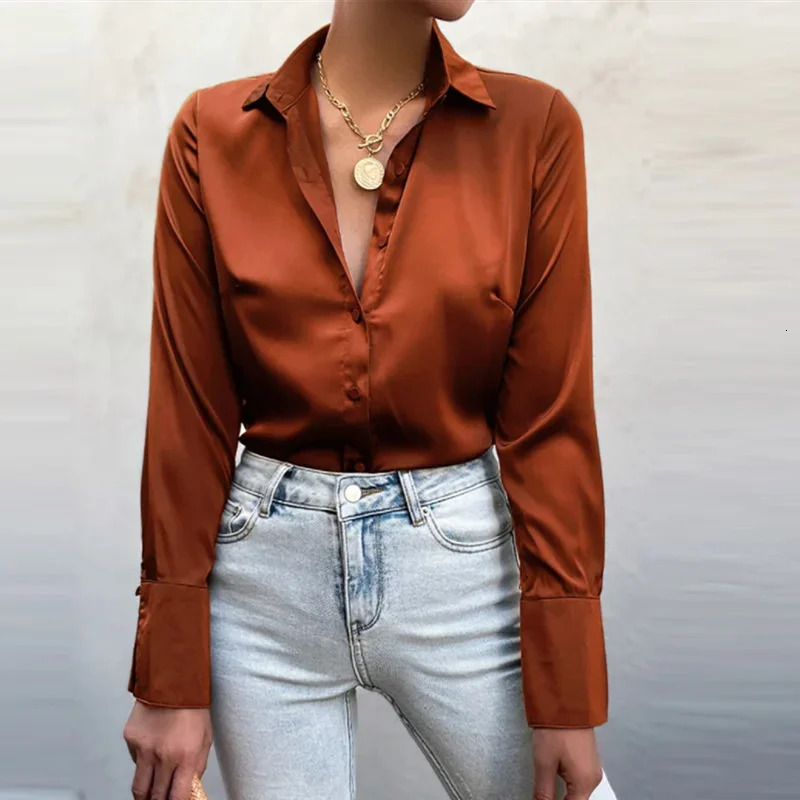 Long Sleeve Blouse Tops Women Shirt Green Button Up Lapel Loose Satin Camisas Elegant Spring Summer Office Ladies Shirts Top 250617