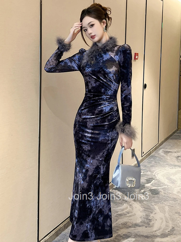 Women Clothes Retro Velvet Stand Neck Skinny Folds Midi Fishtail Dress Elegant Party Prom Vestidos Robe Autumn Winter Casual New