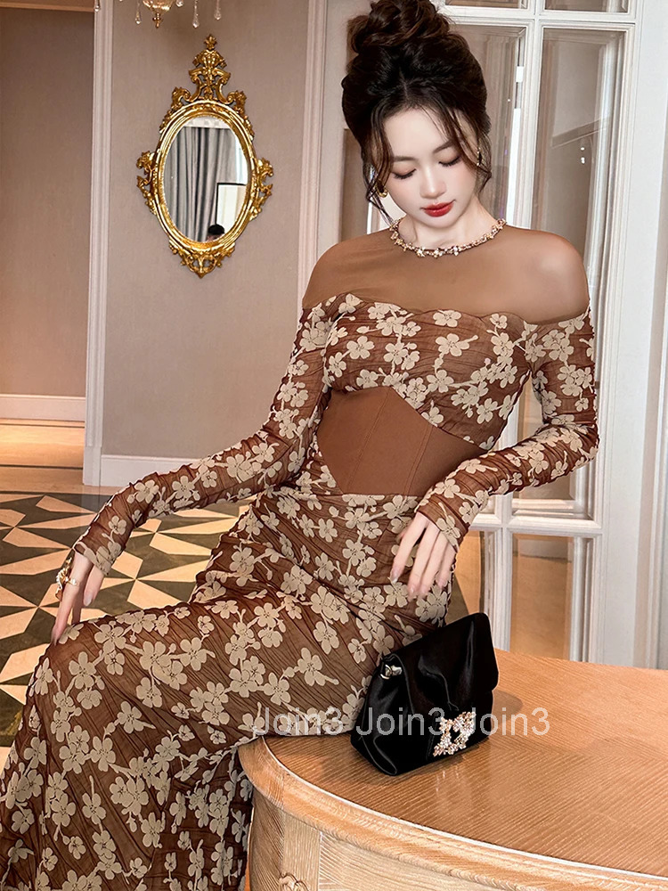 Women Clothes Fashion Elegant Luxury Floral Evening Dress Retro Sheer Sexy O-Neck Corset Skinny Long Robe Party Prom Vestido New
