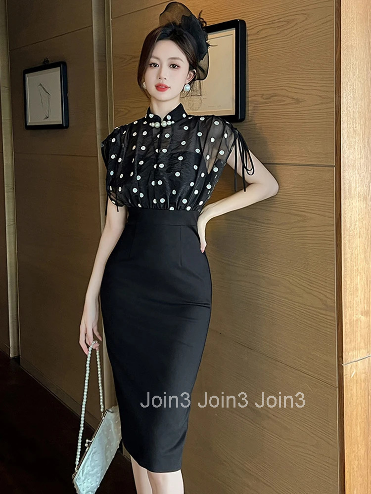 Women Clothes Fake 2-Piece Vintage Black Dot Print Short Sleeve Slim Pencil Dress Elegant Commute Formal Occasion Vestido Casual