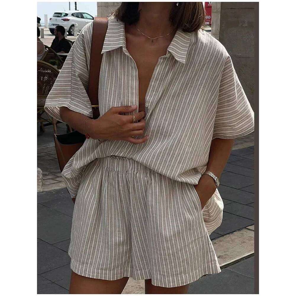 Women Fashion Stripe Print Lace-Up Shorts Set Oversized Lapel Short Sleeve Single Breasted Shirts Suit Lady Casual Street Outfit