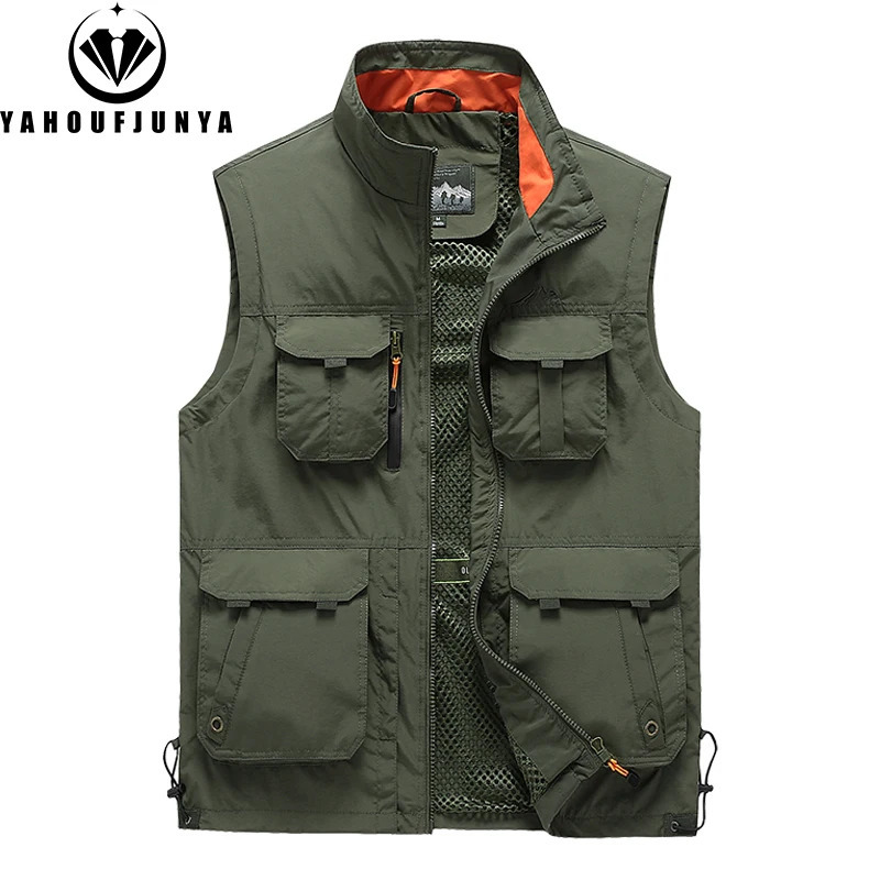 Men Spring Summer Many Pocket Casual Stand Collar Vest Men Sleeveless Solid Color Outdoors Fashion Style Vest Male Coat 6XL 250617