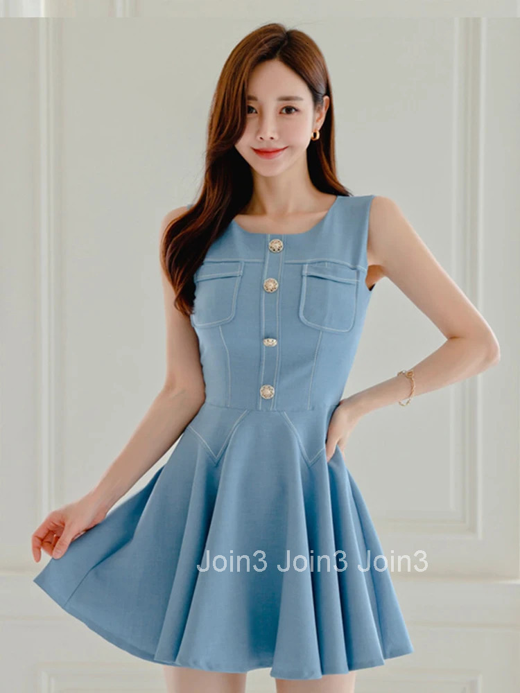 Korean Fashion Summer Simple Sweet O-Neck Short A-Line Dress Women Mujer Casual Vintage Sleeveless Slim Vestidos Street Clothes