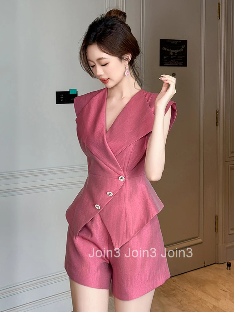 New Summer Formal Casual 2 Pieces Outfit Women Clothes Elegant Sleeveless Tops Shirt Blouse And High Waist Shorts Mujer Slim Set