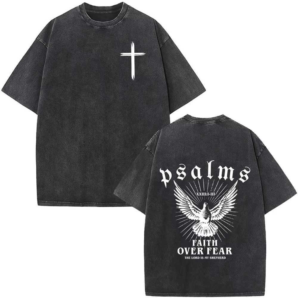 Christian Jesus Faith Over Fear Bible Verse Washed T-shirt Men Women Vintage Oversized Top Harajuku Cotton T-shirt Casual X250623